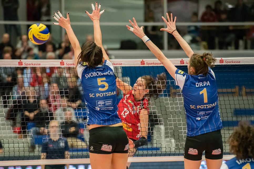 DSC-Angreiferin Eva Hodanová setzt sich gegen Potsdams Block im Rückspiel der Bundesliga-Hauptrunde durch. Foto: PR / Dirk Michen.