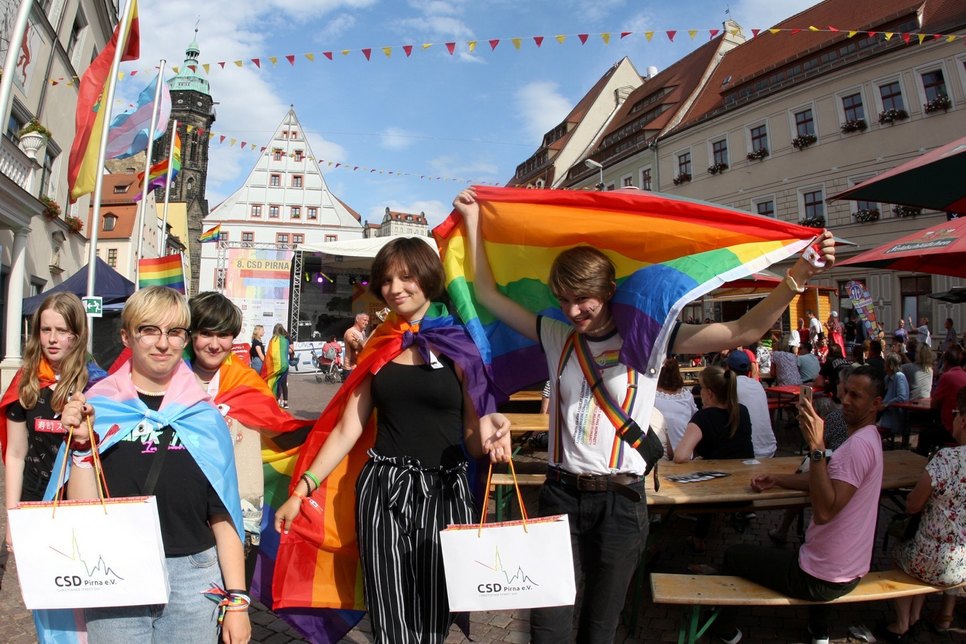 Regenbogenfahnen vor dem Pirnaer Rathaus. Fotos: D. Förster