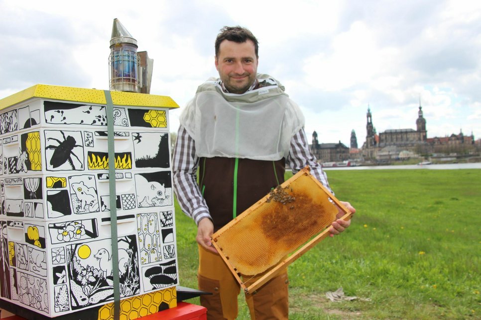 Imker Sebastian Habel von der bienenkollektiv e.G. hofft auf einen guten Honigertrag in diesem Jahr. Je nach Witterung kann ein Volk 20 bis 100 Kilo Honig im Sommer produzieren.