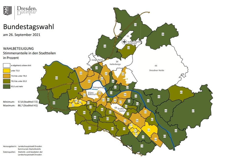 Die Wahlbeteiligung nach Stadtteilen (dunkelgrün=hoch; gelb=niedrig): Die meisten Wähler (im Verhältnis zu den wahlberechtigten Einwohnern) schafften es in Loschwitz/Wachwitz zur Wahlurne (insgesamt 88,7 Prozent). In Prohlis-Süd war die Wahlbeteiligung mit 57,8 Prozent am geringsten. Grafik: Kommunale Statistikstelle der Landeshauptstadt Dresden
