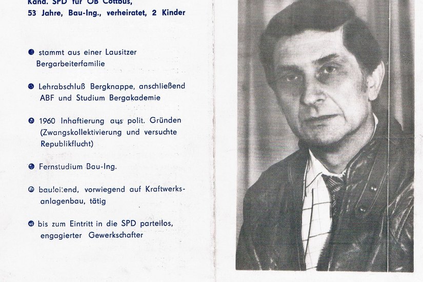 Werner Labsch, das Gesicht der SPD am Runden Tisch, Handzettel zur Wahl. Abb.:Stadtarchiv Cottbus