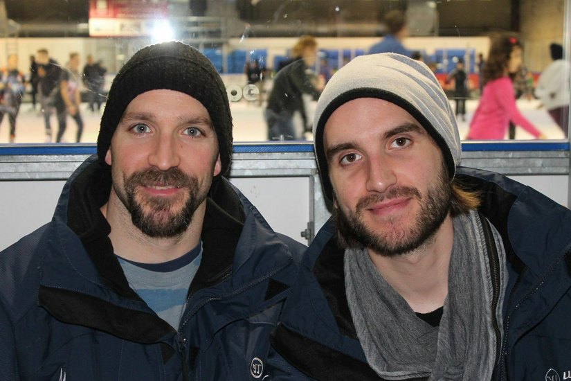 Kevin Nastiuk (re.) hier mit Hugo Boisvert beim Drewag-Tag in der Saison 2014/2015. (Foto: Büttner)