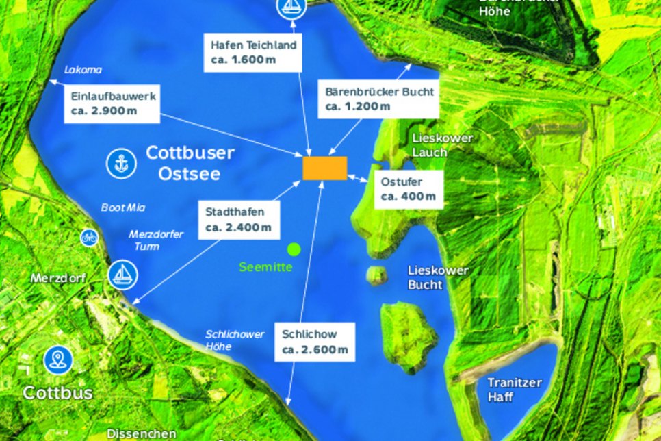 Karte vom Cottbuser Ostsee mit dem Standort für die Floating-PV. Grafik: LEAG