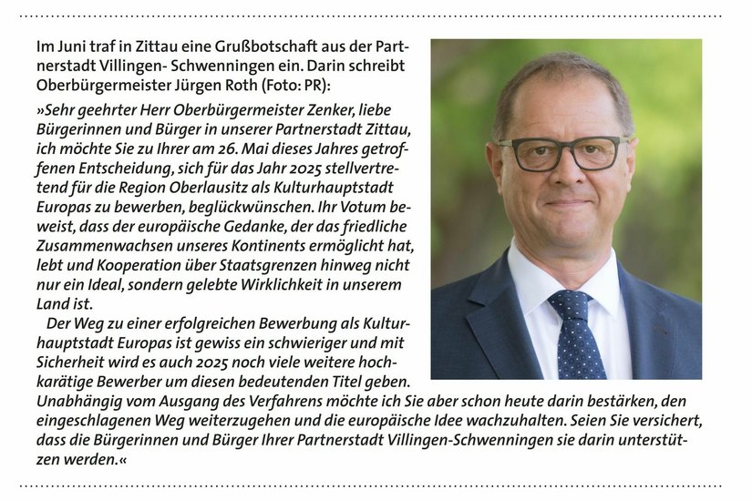 Grußbotschaft aus Zittaus Partnerstadt Villingen-Schwenningen. Foto: PR