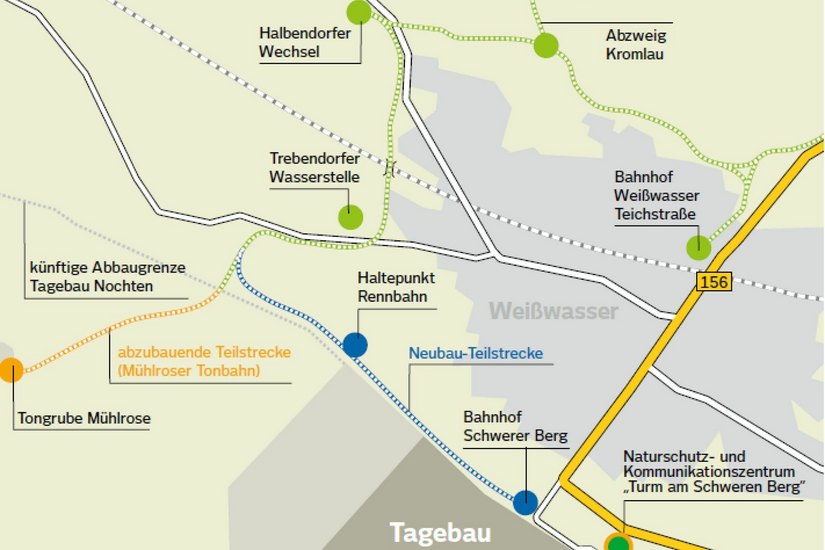 Die Karte zeigt den neuen Streckenverlauf mit dem Haltepunkt „Rennbahn“. Karte: Vattenfall
