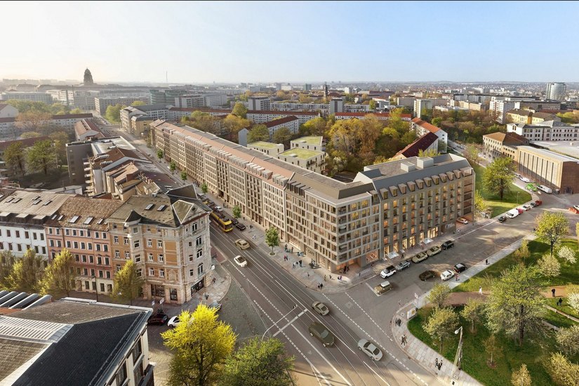 Nordwestliche Perspektive auf die neuen Wohnungen und das HOTEL INDIGO am Wettiner Platz