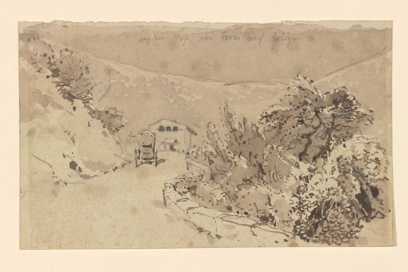 Carl Blechen, Landschaft im Gebirge mit Reisewagen (aus Skizzenbuch VII), 1829, Pinsel in Braun, braun laviert, über Vorzeichnung in Bleistift. Grafik: Stiftung