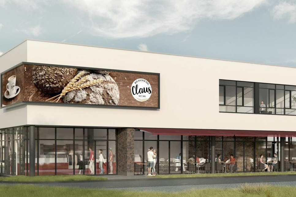 So soll ab Sommer die neue Produktionsstätte der Coswiger Bäckerei Claus aussehen. Visualisierung: Vollack