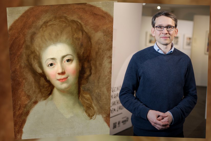 Links: Das Gemälde »Anton Graff, Bildnis einer jungen Frau, um 1780«; Rechts: Kunsthistoriker Kai Wenzel.