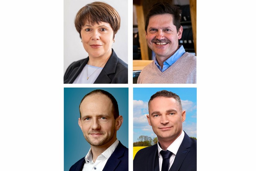 Eine Kandidatin und drei Kandidaten treten bei der Landratswahl im Kreis Görlitz an: Kristin Schütz (FDP, oben links), Sylvio Arndt (parteilos, oben rechts), Stephan Meyer (CDU, unten links) und Sebastian Wippel (AfD, unten rechts).