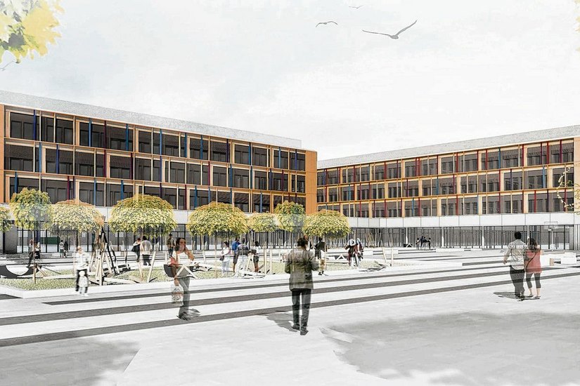 Der künftige Schulcampus im ehemaligen Straßenbahnhof Tolkwitz. Visualisierung: Architekten Zimmermann