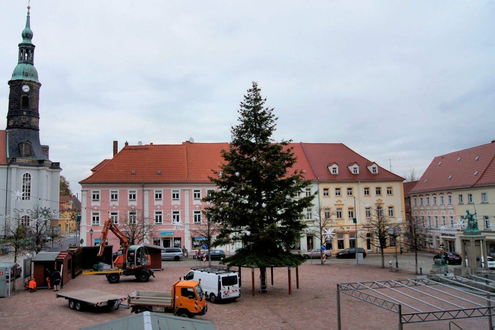Pünktlich im Zeitplan baute der Bauhof in den vergangenen Tagen die kleine Weihnachtsstadt in Großenhain auf. Der Weihnachtsbaum ist eine 17 m hohe Douglasie aus Großenhain.  Foto: Schulze, Stadtverwaltung