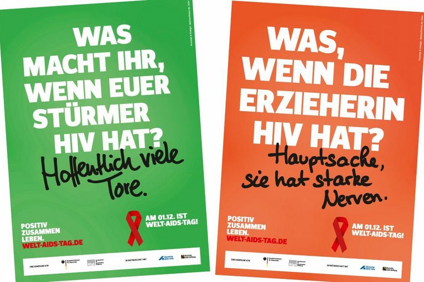 Mit diesen und weiteren Plakatmotiven soll zum Nachdenken über die Krankheit und den respektvollen und angemessenen Umgang mit HIV-positiven Menschen angeregt werden. Plakatmotive: Bundeszentrale für gesundheitliche Aufklärung
