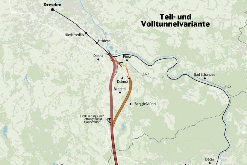 Die Deutsche Bahn wird für die Neubaustrecke zwischen Dresden und Prag eine Volltunnel- (rot) und eine Teiltunnelvariante (gelb) untersuchen.