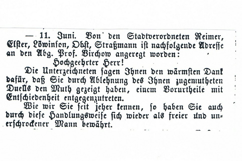 Grußadresse der Stadtverordneten an Rudolf Virchow, Cottbuser Anzeiger vom 14. Juni 1865