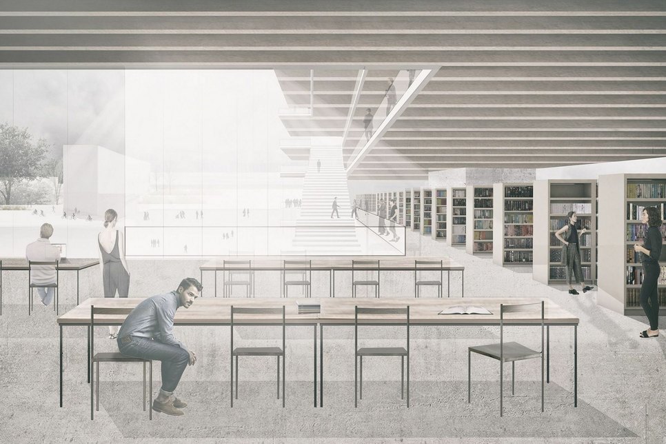 Innenraumperspektive der öffentlichen Bibliothek aus dem preisgekrönten Wettbewerbsbeitrag „Neue Kreuzberger Wiese