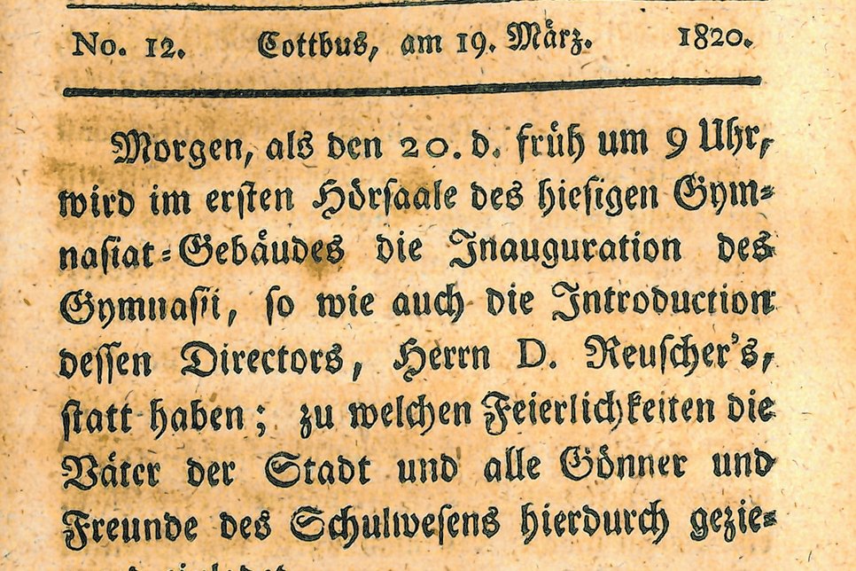 Die Zeitung »Erzählungen zum Nutzen und Vergnügen« kündigt 1820 die »Inauguration« des Cottbuser Gymnasiums an. Quelle: Stadtarchiv Cottbus