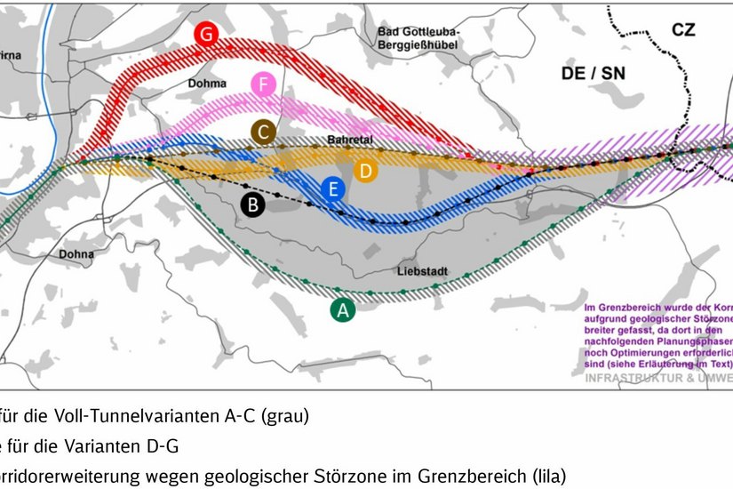 Diese Karte zeigt die sieben Varianten (Planungsstand: Dezember 2019). Die gestrichelte Linie steht für Tunnel. Aus Sicht der DB Netz AG haben Variante A, C und G das Potential weiterverfolgt zu werden. Grafik: DB Netz AG