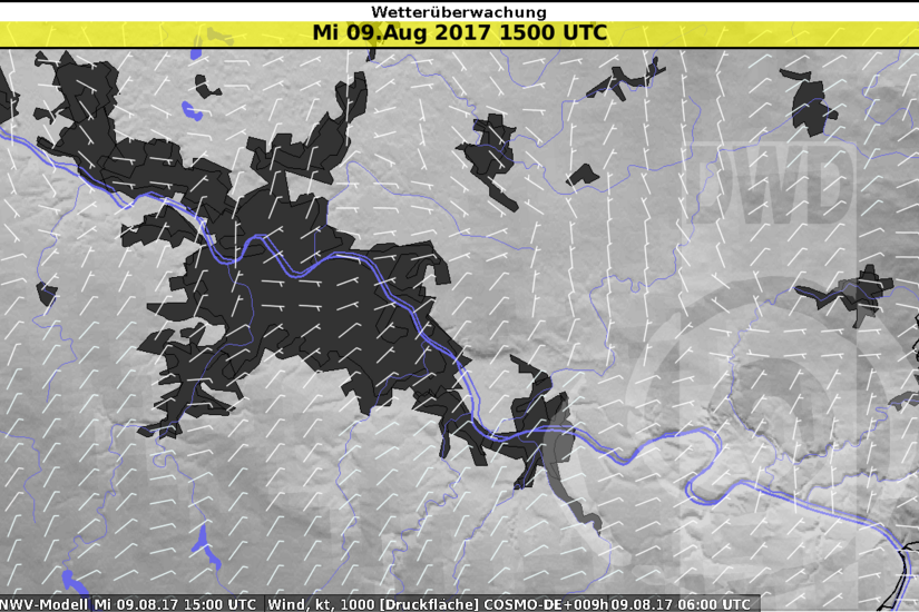 Grafik (©DWD): Die Windrichtungen am letzten Mittwoch (9. August 2017) im Großraum Dresden. Der kleine Ast gibt die Geschwindigkeit an und befindet sich auf der Seite, aus der der Wind kommt.