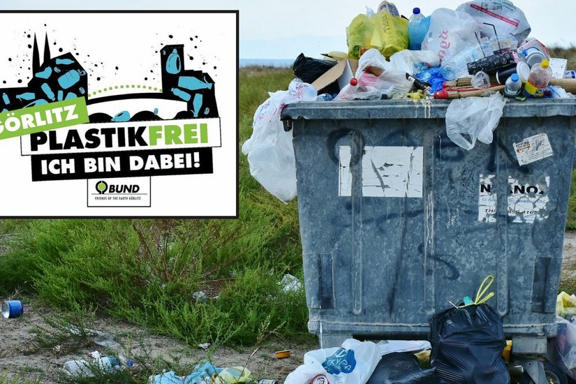 Das Motto der Aktionswoche lautet „Plastikfrei- Ich bin dabei!“. Eine Woche lang werden die Teilnehmer versuchen, den Plastikverbrauch so weit wie möglich zu reduzieren. Foto: RitaE/Pixabay; Logo: BUND-Ortsgruppe Görlitz
