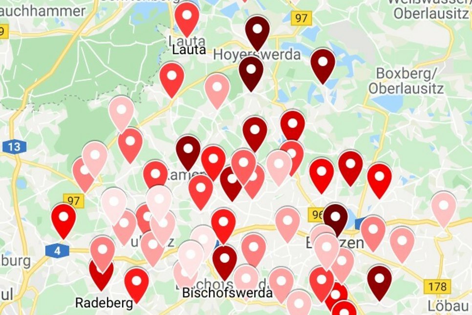 Auf der interaktiven Karte werden alle Städte und Gemeinden mit den jeweiligen Fallzahlen benannt. Foto: Screenshot/Google maps