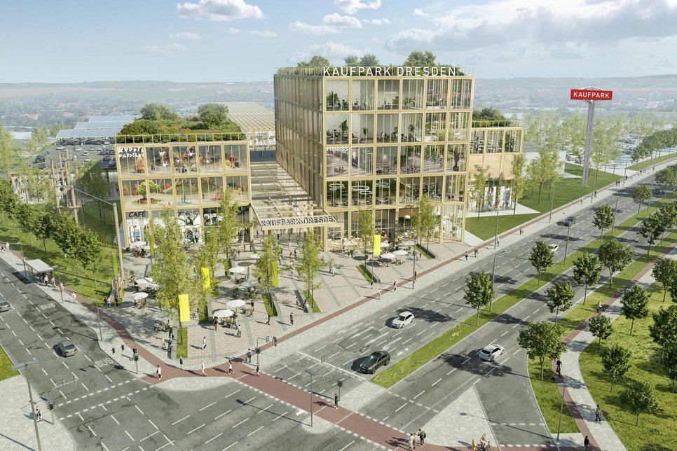 Blick auf die drei neuen Stadthäuser, die den ebenerdigen Eingang zum Kaufpark bilden werden. Visu: Maas&Partner Architekten mbB