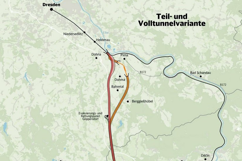 Die Deutsche Bahn hat sich bei der Neubaustrecke zwischen Dresden und Prag für eine Volltunnelvariante (rot) ausgesprochen.