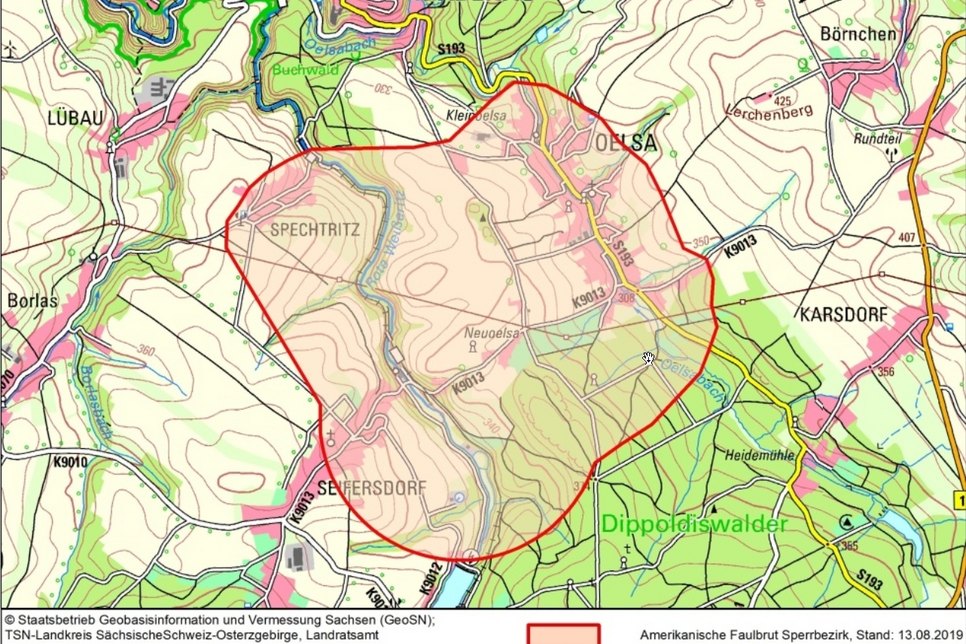 Der Sperrbezirk. Karte: Landratsamt / GeoSN