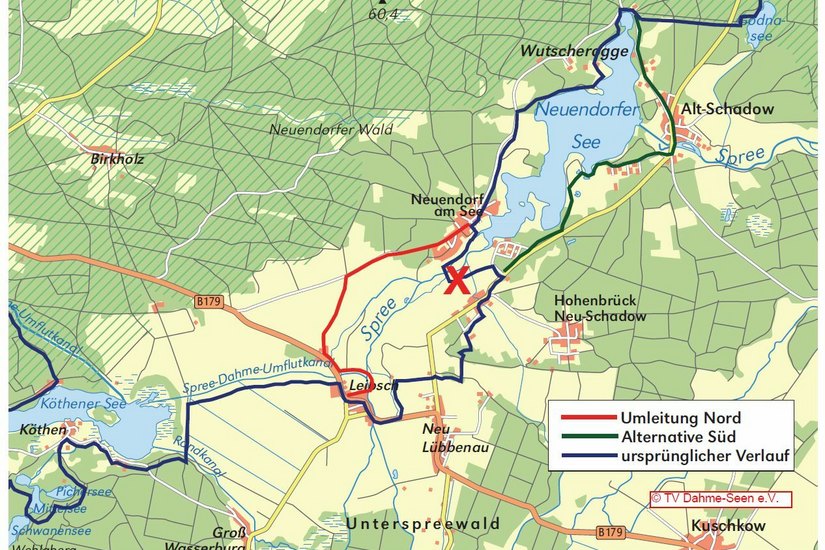 Kartenausschnitt mit den angegebenen Umleitungen. Quelle: Landkreis Dahme-Spreewald