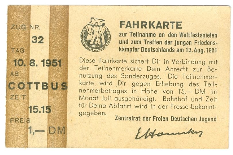 Fahrkarte zu den III. Weltfestspielen, Stadtmuseum Cottbus