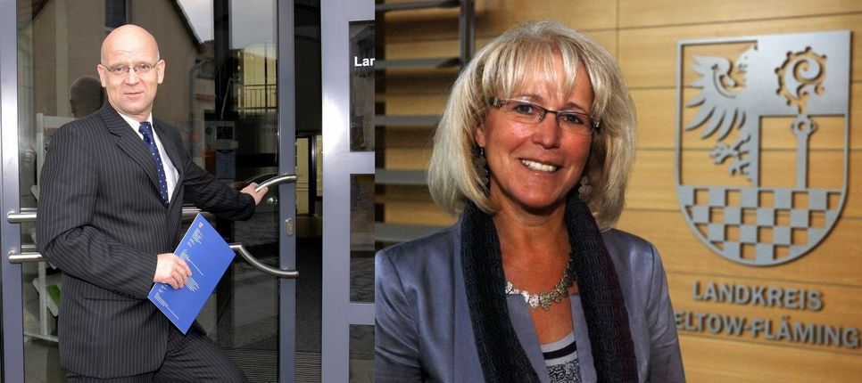 Landkreis Dahme-Spreewald-Landrat Stephan Loge (SPD) und Teltow-Fläming-Landrätin Kornelia Wehlan (Die Linke). Fotos: Archiv/Heidrun Schaaf sowie Landkreis Teltow-Fläming, Montage: sts