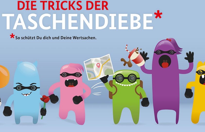 Eine neue Kampagne informiert Reisende über die Tricks der Taschendiebe. Dazu kommen verschiedene bunte Monster zum Einsatz (Bumos). Foto: Screenshot