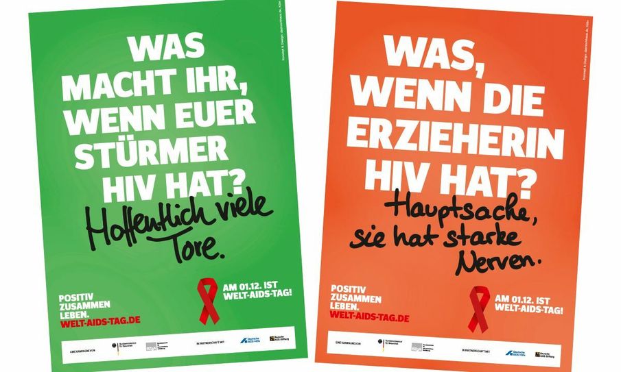 Mit diesen und weiteren Plakatmotiven soll zum Nachdenken über die Krankheit und den respektvollen und angemessenen Umgang mit HIV-positiven Menschen angeregt werden. Plakatmotive: Bundeszentrale für gesundheitliche Aufklärung