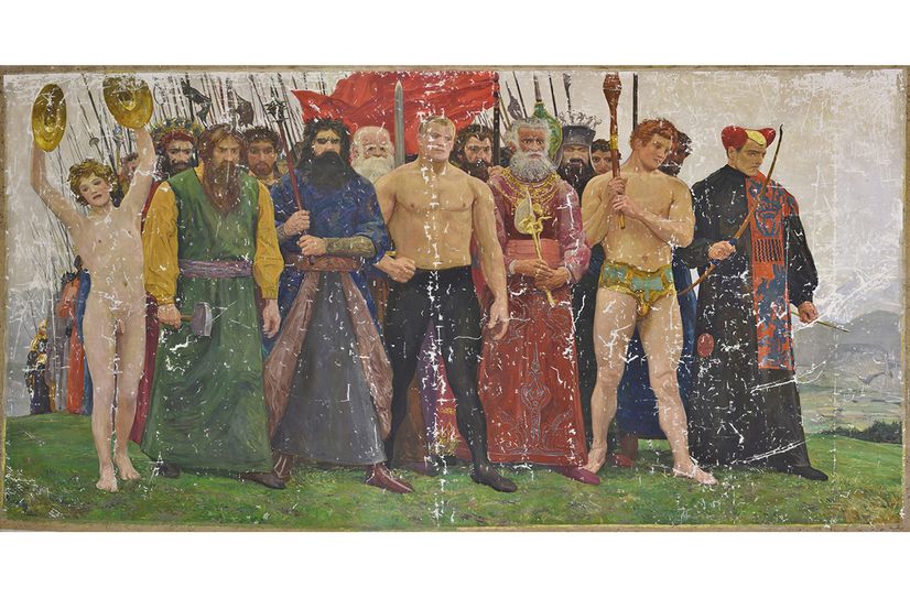 Sascha Schneider: "Auf zum Kampf" oder auch "Phalanx der Starken", Ölgemälde, 247x452 cm, um 1902. Aufnahme des Bildes während der Restaurierungsarbeiten zeigt den gekitteten Zustand. 2023.