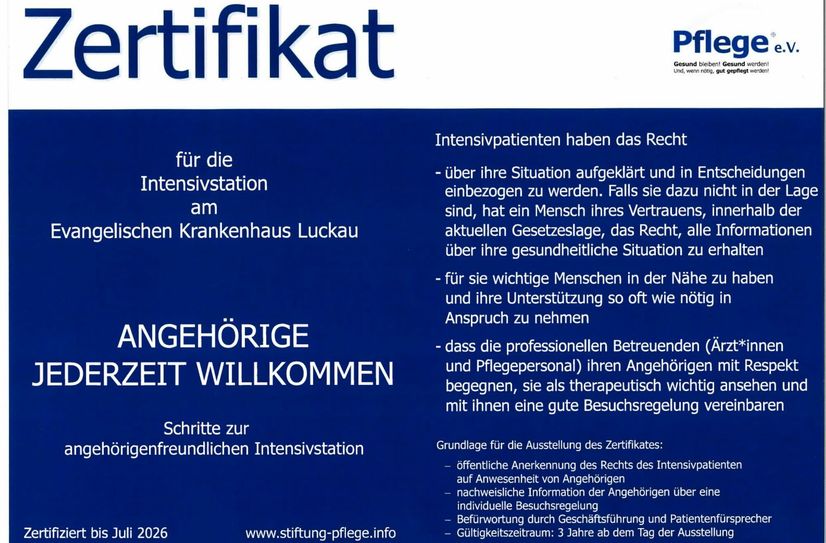 Das Zertifikat »Angehörige jederzeit willkommen«.