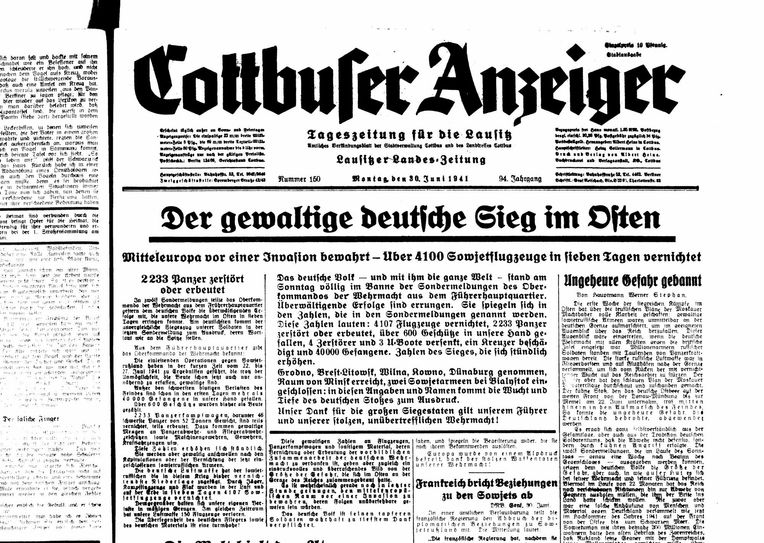 Cottbuser Anzeiger vom 30. Juni 1941, Stadtarchiv Cottbus