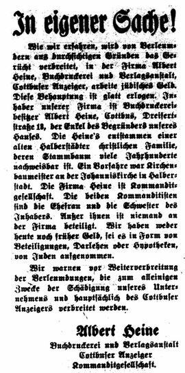 Cottbuser Anzeiger vom 6. April 1933, "Kein jüdisches Geld. Foto: Stadtarchiv Cottbus