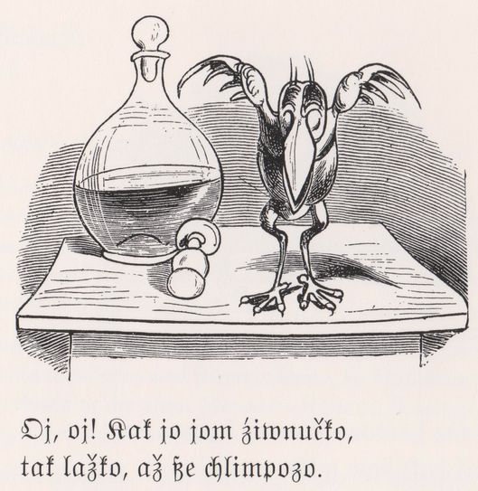 Koma-Trinker Hans Huckebein in niedersorbischer Übersetzung.