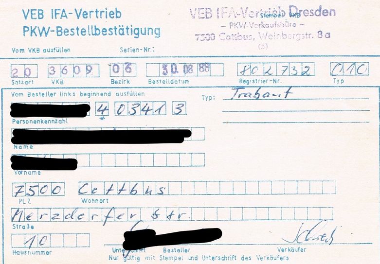 Anmeldung für den PKW Trabant. Dieser wäre im Jahr 2000 geliefert worden. Bild: Privat