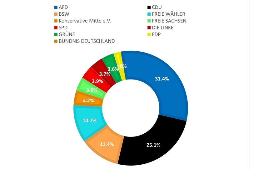 Wahlergebnis der Kreistagswahl vom 9. Juni. Insgesamt zehn Parteien bzw. politische Gruppierungen teilen sich die 86 Sitze.