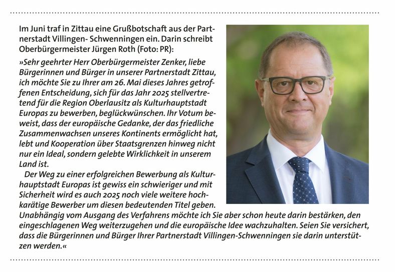 Grußbotschaft aus Zittaus Partnerstadt Villingen-Schwenningen. Foto: PR