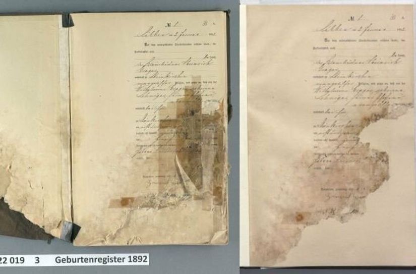Ein Geburtenregister aus dem Jahr 1892 vor und nach der Restauration.