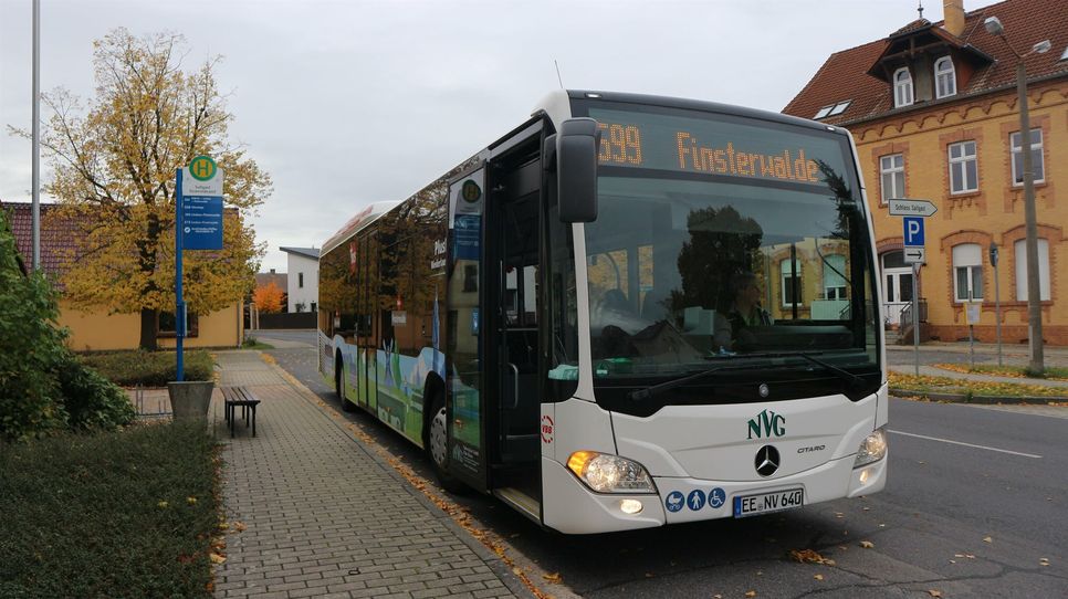 Bus der Linie 599 von Senftenberg nach Finsterwalde in Sallgast.  
 Foto: VerkehrsManagement Elbe-Elster GmbH