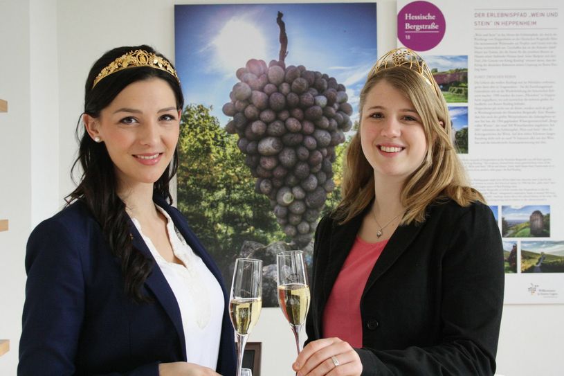 Die Sächsische Weinkönigin Daniela Undeutsch (links) und die Deutsche Weinprinzessin Caroline Guthier eröffneten die Ausstellung. Im Hintergrund ist die Steintraube von Heppenheim zu sehen. Sie ist Teil eines Weinerlebnispfades. Foto: Schramm