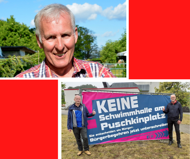Peter Wolf, Bauunternehmer/Diplomingenieur (FH) (oben) und Frank Kuhlee (r.) und Matthias Warmovom Schwimmverein 1921 e.V. (unten) äußern sich zum Schwimmhallenbau am Puschkinplatz in Spremberg.