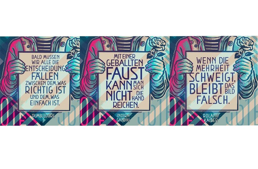 Zur Wahl stehen drei Zitate - von Prof. Albus Dumbledore aus Harry Potter, von Indira Gandhi oder von Roland Kaiser.