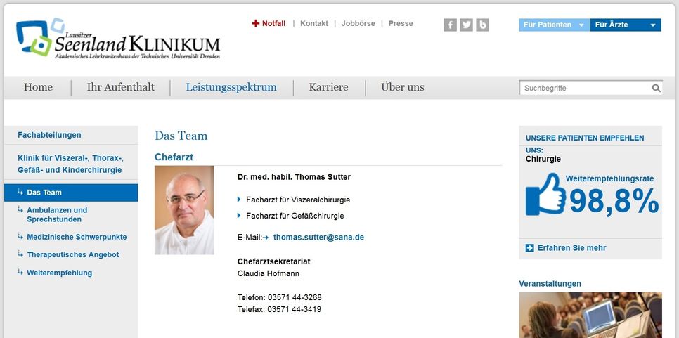 Ohne "Professor" - so wird die Personalie des Medizinischen Direktors aktuell im Internet angezeigt.