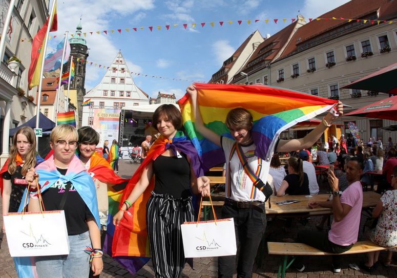 Regenbogenfahnen vor dem Pirnaer Rathaus. Fotos: D. Förster