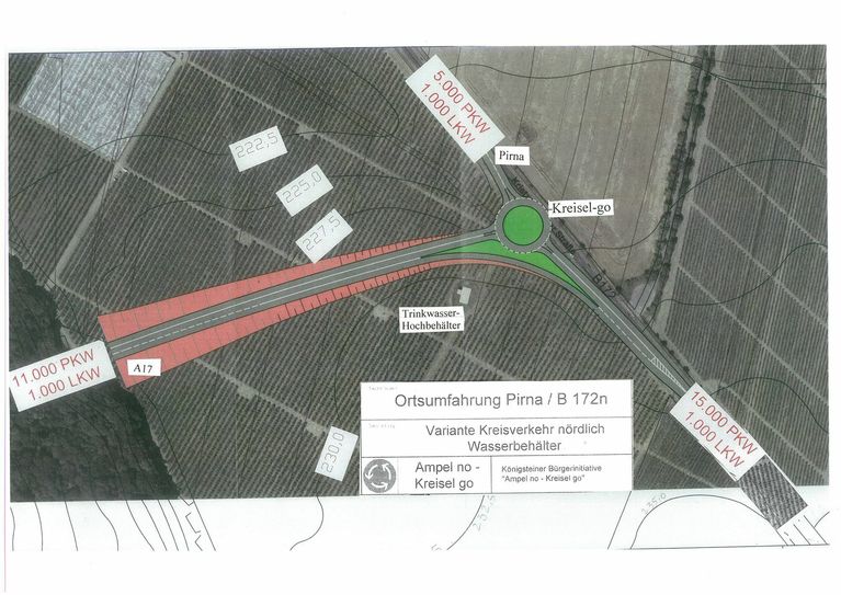 Fachkundige Entwurfszeichnung »Variante Kreisverkehr« nördlich Wasserbehälter vom 19. Juni 2019. Diese ist regelkonform gemäß RAL und hat das Jahr 2030 als Prognosehorizont.  Grafik: Ampel-NO – Kreisel-GO