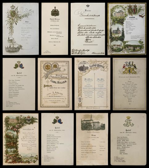 Menükarten aus der Sammlung Birsner, darunter die Karte von Carola von Sachsen auf Jagdschloss Rehefeld vom 18. Juni 1903. Fotos (2): SLUB Dresden